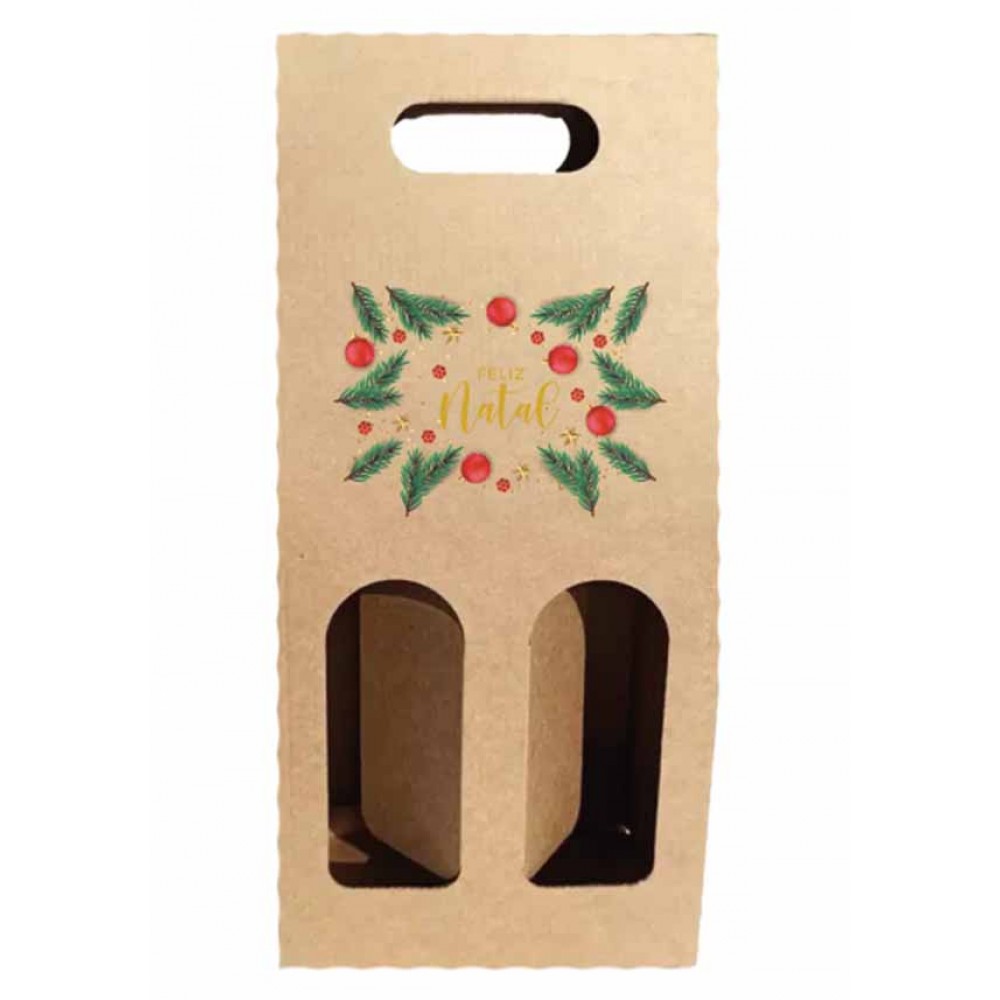 Caixa Cartao Kraft Cabaz / 2 Garrafas 18,5x34x9cm Natal