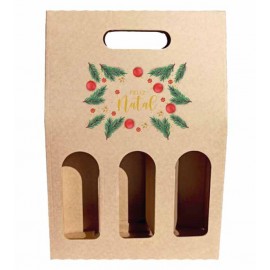 Caixa Cartao Kraft Cabaz / 3 Garrafas 28x34x9cm Natal