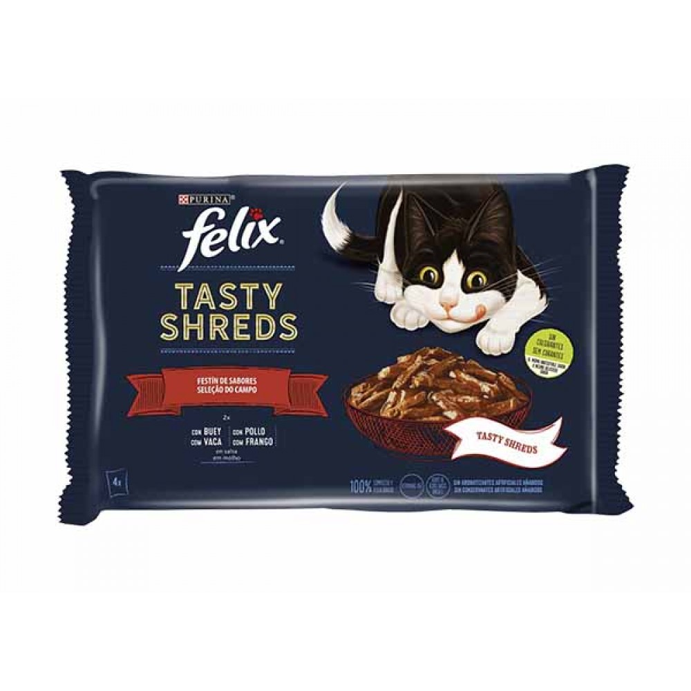 FELIX Tasty Shreds Gelatina Seleção do Campo Vaca e Frango 4x85grs 340Grs Cx. 12