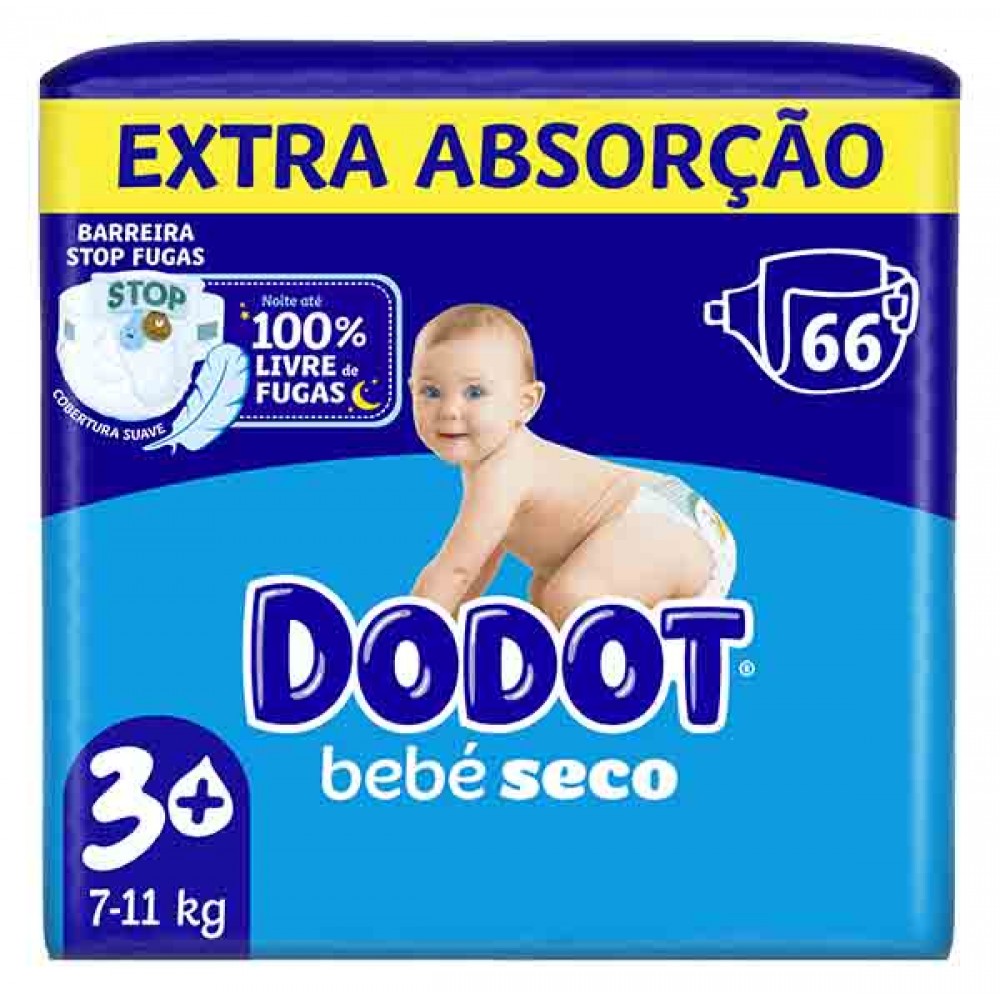 DODOT Bébé Seco Fraldas Tamanho 3+ 7 a 11 Kg Pack 66 Uni Cx. 2