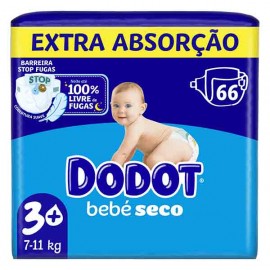 DODOT Bébé Seco Fraldas Tamanho 3+ 7 a 11 Kg Pack 66 Uni Cx. 2
