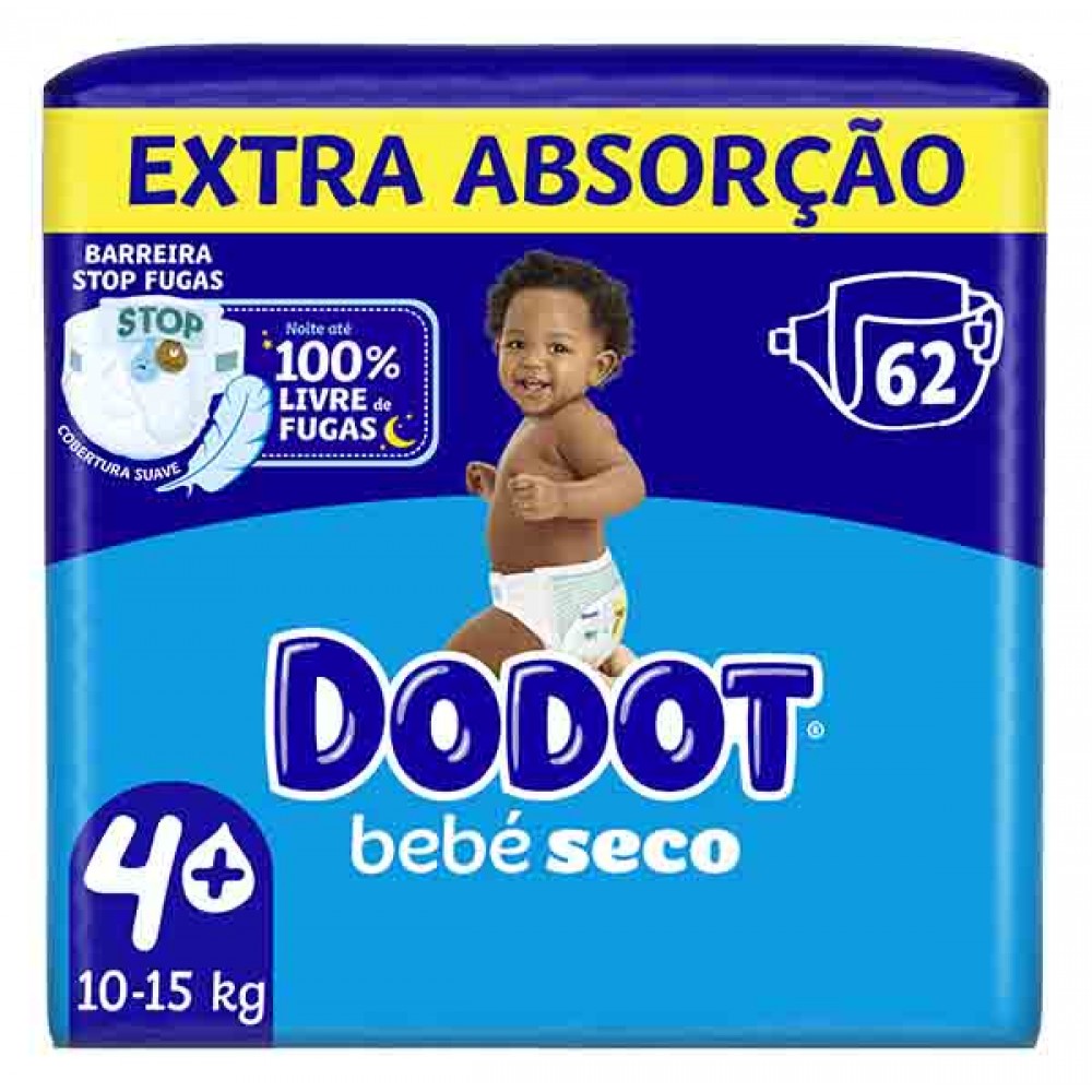 DODOT Bébé Seco Fraldas Tamanho 4+ 10 a 15 Kg Pack 62 Uni Cx. 2