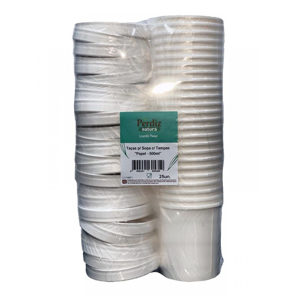 PERDIZ NATURA Taças de Papel p/ Sopa c/ Tampas 500Ml 25un. Cx.10