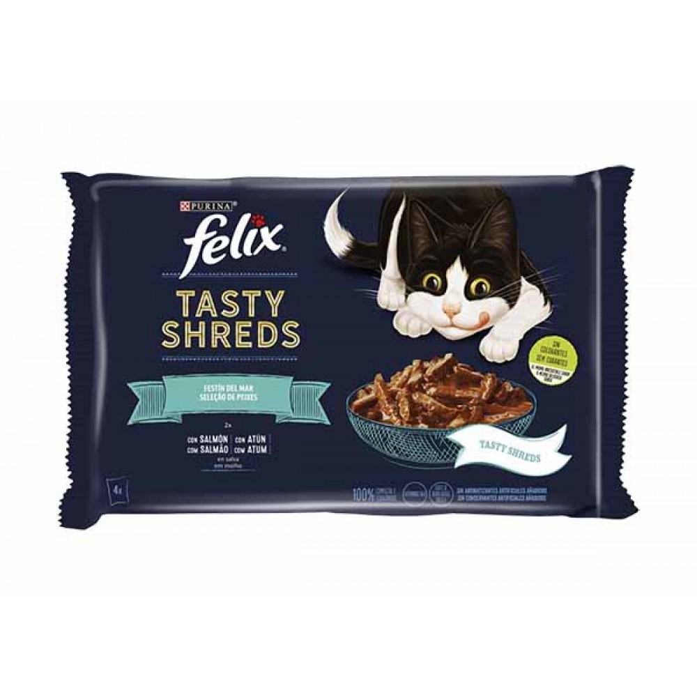 FELIX Tasty Shreds Gelatina Seleção de Peixes Atúm e Salmão 4x85grs 340Grs Cx. 12
