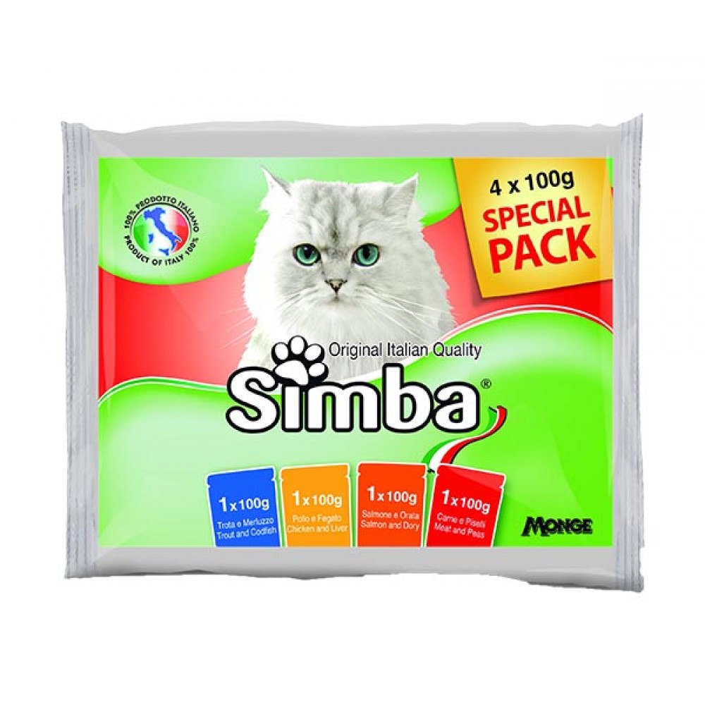 SIMBA Gato Gelatina Mix de Truta e Bacalhau, Frango e Fígado, Salmão e Dourada, Carne e Ervilhas 4x100Grs Cx. 13