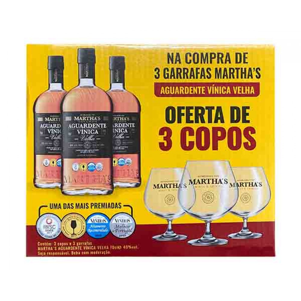 MARTHA´S Aguardente Vínica Velha  Pack 3 Garrafas 700Ml + 3 Copos Balão